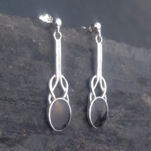Long slim Celtic sterling silver and Whitby Jet drop earrings with stud fastenings