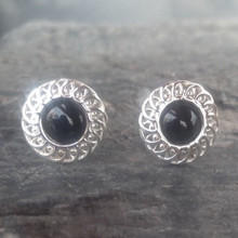 Hand crafted large round frill edge Whitby Jet sterling silver stud earrings