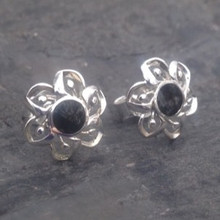 Modern sterling silver Whitby Jet floral stud earrings