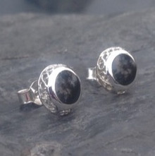 Round domed filigree sterling silver and Whitby Jet stud earrings