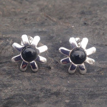 Large contemporary 925 silver and Whitby Jet daisy stud earrings