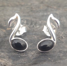 Sterling silver musical note stud earrings with oval Whitby Jet cabochons
