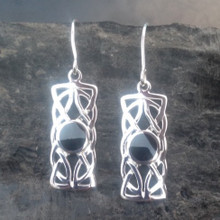 Rectangular Celtic sterling silver and Whitby Jet drop earrings