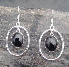 Large open oval sterling silver drop earrings with oval Whitby Jet cabochons