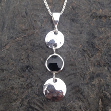 Long Whitby Jet hammered sterling silver three disc circular pendant
