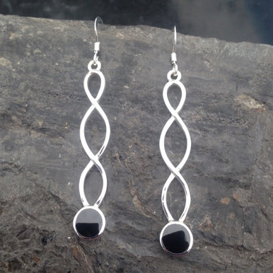 Long Celtic twisted spiral sterling silver drop earrings with hand carved round Whitby Jet