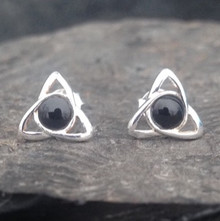 Small sterling silver Celtic trinity knot stud earrings with round Whitby Jet cabochons