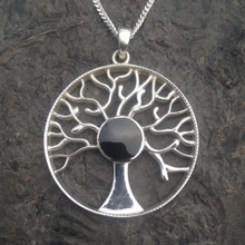 Large round sterling silver tree of life pendant with round Whitby Jet stone