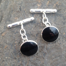 Hand crafted round sterling silver and Whitby Jet chain link cufflinks