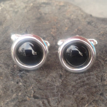 Contemporary sterling silver and Whitby Jet round cufflinks with T bar fastenings