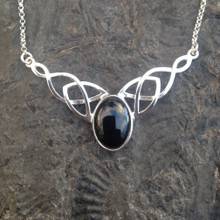 Large Celtic sterling silver and Whitby Jet oval cabochon extendable necklace