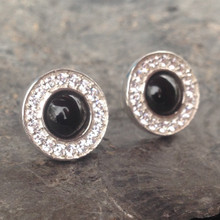 Large hand crafted round Whitby Jet Cubic Zirconia sterling silver stud earrings