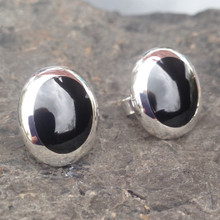 Large hand crafted oval Whitby Jet sterling silver cushion edge stud earrings