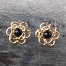 Hand crafted large Whitby Jet 9ct gold flower stud earrings with scroll backs 