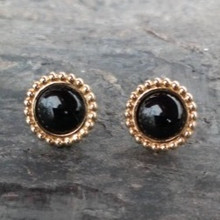 Hand crafted round 9ct gold and Whitby Jet fancy beaded edge stud earrings
