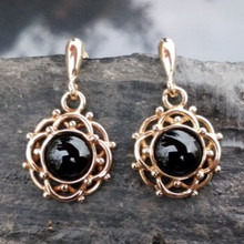 Hand crafted Whitby Jet 9ct gold frill and bead drop earrings with round cabochons