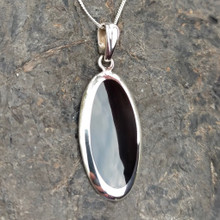 Hand crafted long oval Whitby Jet and 925 silver wide edge necklace