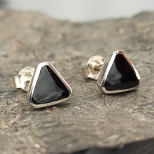 Modern Whitby Jet and sterling silver cut corner deep triangle stud earrings 