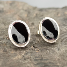 Modern large sterling silver ribbed edge oval Whitby Jet stud earrings