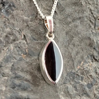 Small marquise cut Whitby Jet pendant on sterling silver curb chain