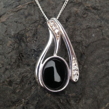 Sparkly Sterling silver Whitby Jet cubic zirconia asymmetrical pendant with 18 inch chain