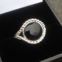 925 silver ring with round Whitby Jet cabochon and silver beading
