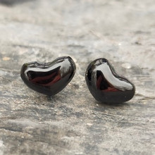 Unique Hand carved three dimensional curved Whitby Jet heart stud earrings with sterling silver