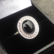 Large oval Whitby Jet sterling silver cubic zirconia statement ring