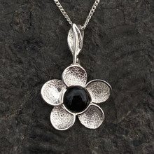 Hand crafted 925 silver flower necklace with Whitby Jet cabochon
