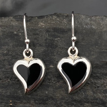 Hand crafted 925 sterling silver Whitby Jet love heart drop earrings in gift box