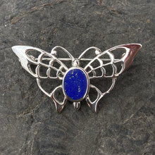 Hand crafted 925 sterling silver and blue lapis lazuli oval stone butterfly pin brooch