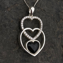 Hand crafted large sterling silver Whitby Jet cubic zirconia triple heart pendant