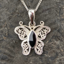 Hand crafted small sterling silver Whitby Jet filigree butterfly pendant on curb chain