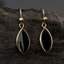 9ct gold dangly earrings with hand carved marquise Whitby Jet