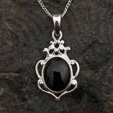 925 silver necklace with intricate detailing and shiny black cabochon in gift box