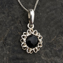 Sterling silver daisy necklace with hand cut shiny round Whitby Jet cabochon