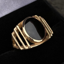 Handmade mens 9ct yellow gold split shoulder ring with Whitby Jet 