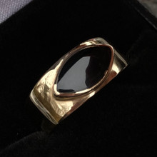 Handmade 18ct yellow gold band with marquise cut Whitby Jet stone