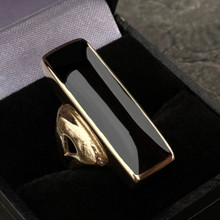 Large Whitby Jet 18ct yellow gold oblong curved split shoulder ring