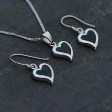 Sterling silver and Jet matching set of love heart necklace and drop earrings