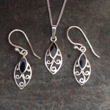 Hand crafted 925 silver necklace and drop earring gift set with marquise Jet stones