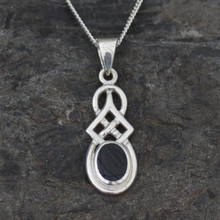 Classic sterling silver Celtic Whitby Jet pendant with oval stone on silver curb chain