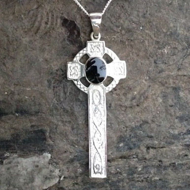 Long narrow Celtic sterling silver pendant with oval Whitby Jet stone