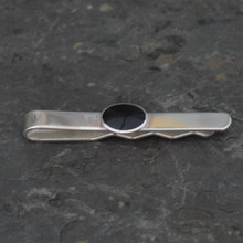 Gents classic sterling silver tie slide with black oval hand carved Whitby Jet stone