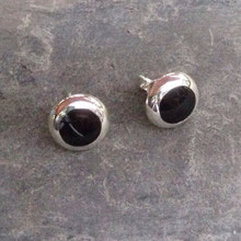 Hand crafted large round sterling silver and Whitby Jet cushion edge stud earrings
