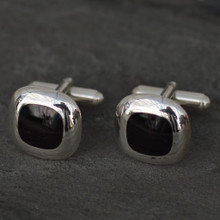 Gents sterling silver swivel bar cufflinks with square Whitby Jet stones and wide curved cushion edge