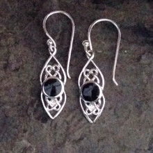 Sterling silver Celtic style drop earrings with round Whitby Jet stones