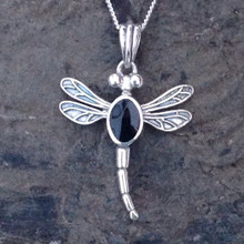 Medium sterling silver dragonfly necklace with oval Whitby Jet stone