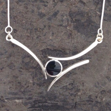 Modern Whitby Jet necklace with round cabochon and slim sterling silver snake chain