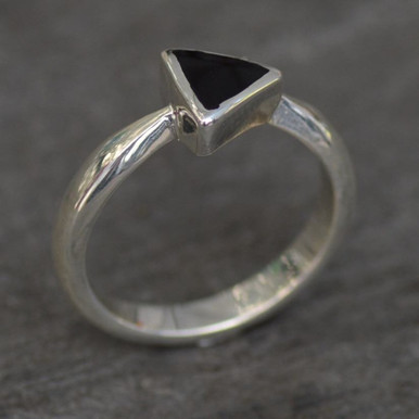 Contemporary sterling silver ring with triangular Whitby Jet stone